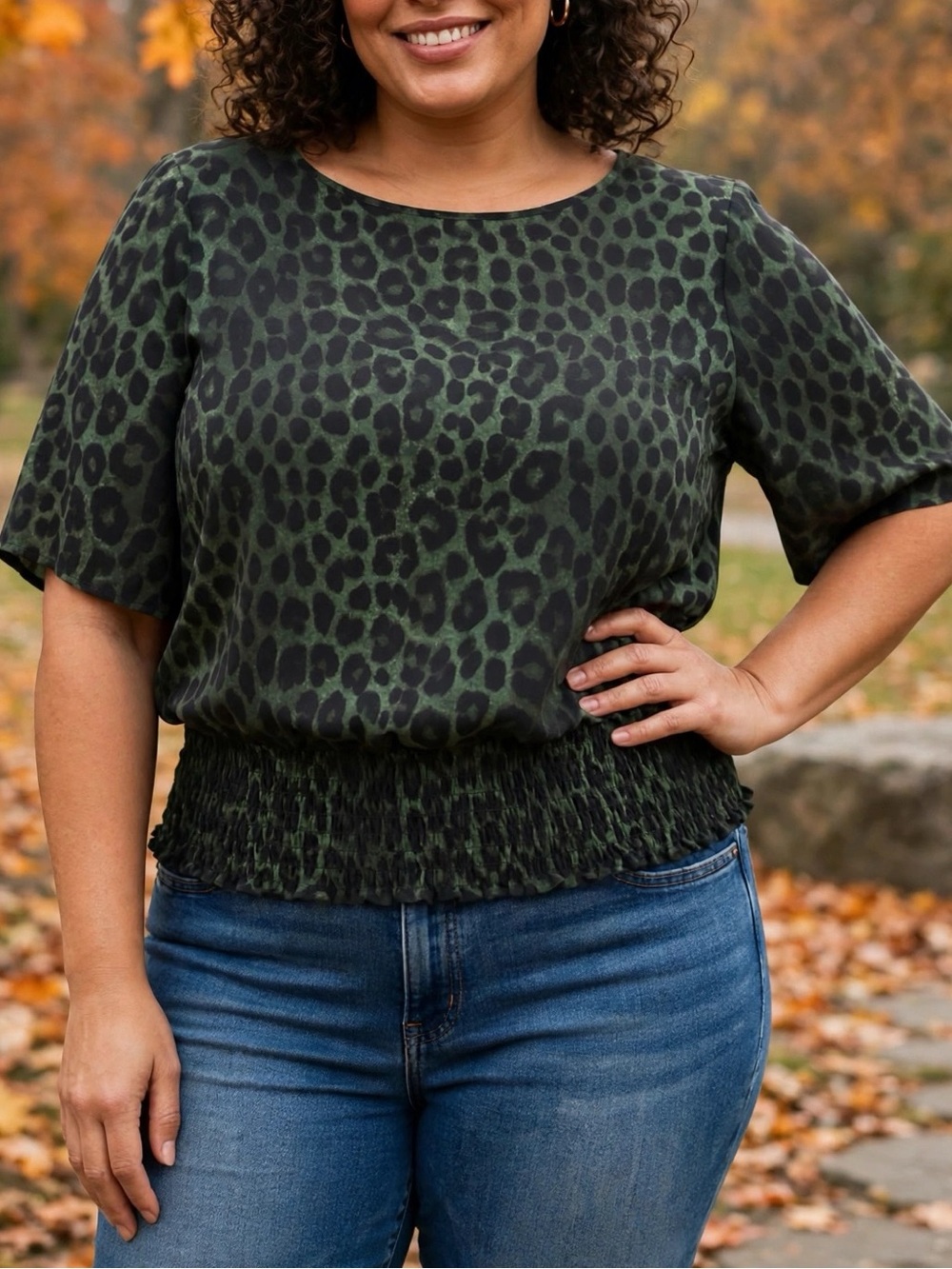 Michael Kors Green Leopard Print Smocked Hem Blouse